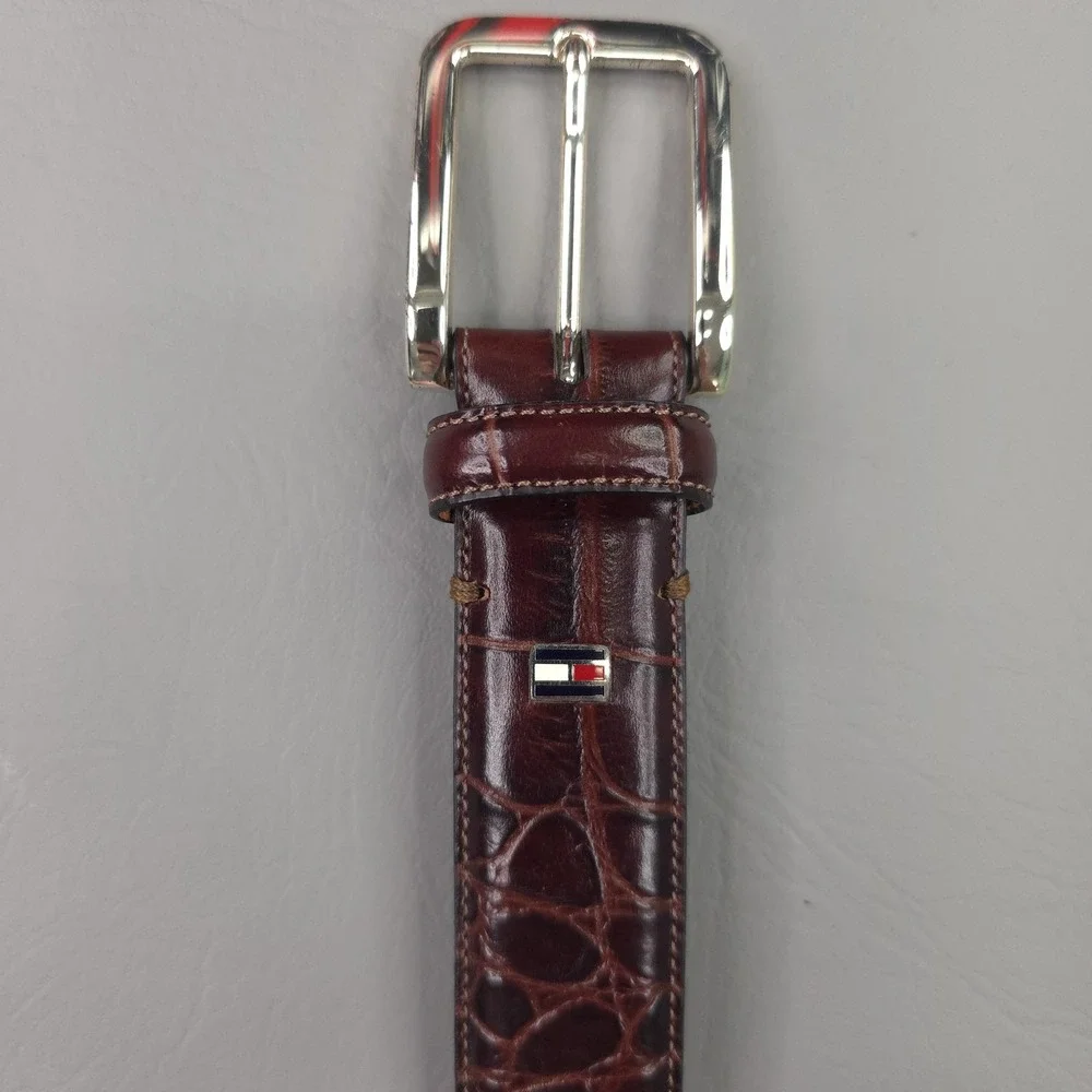 Tommy Hilfiger Belt Mens 38 Brown Croc Embossed Leather Silver Buckle Dress